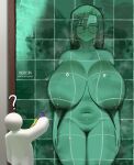  1girl ? absurdres against_wall artist_name artist_self-insert ashe_(cyrilashnmsh) ashenmash black_eyes bodypaint breasts camouflage closed_eyes closed_mouth english_commentary gun hands_on_own_thighs highres holding holding_gun holding_weapon huge_breasts inverted_nipples large_areolae meccha_chameleon naked_paint navel original paint_gun patreon_username pussy round_eyewear shotgun solo_focus standing tile_wall tiles weapon wide_hips 