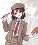 1girl brown_hat brown_jacket brown_shorts collared_shirt fan_request flat_cap hat highres holding holding_notebook holding_pen jacket long_sleeves looking_at_viewer medium_hair missing_wings necktie nib_pen_(object) nnn_lu notebook odaibako open_mouth pen pointy_ears red_eyes red_necktie request_inset shameimaru_aya shameimaru_aya_(newsboy) shirt shorts smile solo suit_jacket tie_clip touhou translation_request white_shirt zoom_layer 
