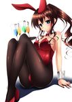 absurdres animal_ears arm_support blue_eyes breasts brown_hair bunny_ears bunny_girl bunnysuit detached_sleeves glass high_heels highres jk-ff large_breasts long_hair nail_polish open_mouth original pantyhose shoes simple_background sitting solo tray wrist_cuffs 