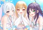  3girls :d ;) ahoge armpit_crease artist_name bare_shoulders blue_eyes blue_hair blue_streaks blush breasts bridal_gauntlets brown_hair cho_kaguya-hime! cleavage closed_mouth colored_inner_hair commentary_request crop_top day fish flying_fish frills green_eyes hair_ornament hair_rings halterneck hand_on_own_face hand_up hands_on_own_face hands_up kaguya_(cho_kaguya-hime!) kaguya_(ray)_(cho_kaguya-hime!) light_particles long_hair looking_at_viewer lower_teeth_only medium_breasts multicolored_eyes multicolored_hair multiple_girls navel one_eye_closed open_mouth orange_eyes outdoors pink_hair ponytail purple_eyes purple_hair raised_eyebrows runami_yachiyo runami_yachiyo_(ray) sakayori_iroha sakayori_iroha_(ray) smile streaked_hair sun_hair_ornament teeth two-tone_eyes upper_body watermark white_bridal_gauntlets white_hair yamamura_umi 