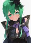  1girl absurdres ameno_sagiri_(artist) armor ascot black_dress blush bow breasts cleavage closed_mouth commentary_request crossed_bangs dress fascinator fire_emblem fire_emblem:_fortune's_weave green_eyes green_hair grey_background hair_between_eyes hat hat_bow heart highres large_breasts looking_at_viewer mini_hat ninae_(fire_emblem) purple_ascot short_hair_with_long_locks shoulder_armor simple_background smile solo 