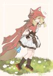  1girl :d absurdres animal_ear_fluff animal_ears arknights arknights:_endfield black_boots black_gloves blonde_hair blue_butterfly boots bright_pupils bug butterfly cape commentary dress fingerless_gloves flower full_body gloves grass grey_background grin highres hood hood_up hooded_cape knee_boots kneehighs light_blush looking_down medium_hair notice_lines plant red_cape rossi_(arknights) smile socks solo standing white_dress white_flower white_pupils white_socks yakitamag0 yellow_eyes 
