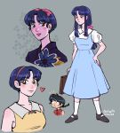  1boy 1girl aaliyahdraws black_hair black_shoes blue_dress blue_hair bow braid brown_eyes closed_mouth commentary dress english_commentary fuurinkan_high_school_uniform grey_background hair_bow hairband hand_on_own_hip heart highres long_hair pink_bow pink_hairband pink_lips ranma_1/2 saotome_ranma saotome_ranma_(male) school_uniform shoes short_hair single_braid smile tendou_akane 