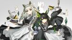  2girls absurdres adapted_costume alternate_costume amiya_(arknights) animal_ear_fluff animal_ears apron arknights baiyuyi black_dress black_hair cat_ears cat_girl chinese_commentary closed_mouth commentary_request cowboy_shot crystal cup doctor_(arknights) dress food green_eyes green_hair grey_background highres holding holding_tray kal'tsit_(arknights) kal'tsit_(the_remains_of_time)_(arknights) long_hair long_sleeves looking_at_viewer maid maid_apron maid_headdress mon3tr_(arknights) multiple_girls official_alternate_costume plate puffy_sleeves rhodes_island_logo_(arknights) sleeves_past_fingers sleeves_past_wrists smile standing tray white_apron 
