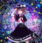  1girl :o adjusting_clothes adjusting_headwear album_cover black_capelet black_hat black_skirt blue_outline blush bow brown_eyes brown_hair capelet cat center_frills choker circle collared_shirt colorful_background commentary_request constellation constellation_request cover cowboy_shot crescent_moon ferris_wheel frilled_skirt frills fuling_cat_mark hand_up hat hat_bow highres koto_seori long_sleeves medium_hair moon necktie open_mouth outline red_capelet red_hat red_necktie reitaisai ribbon-trimmed_capelet ribbon-trimmed_skirt ribbon_trim roman_numeral shibuya-kei shirt shirt_tucked_in silhouette skirt skyline solo star_(symbol) suspenders tie_clip touhou translation_request two-sided_capelet two-sided_fabric two-sided_headwear usami_renko white_bow white_shirt 