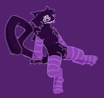 animal_genitalia anthro arm_warmers armwear clothing domestic_cat felid feline felis fluffy fully_sheathed fur genitals hi_res legwear male mammal monotone_body monotone_fur monster multi_eye purple_body purple_fur purple_tongue sheath sitting solo something_(artist) something_(something) spread_legs spreading thigh_highs tongue white_eyes