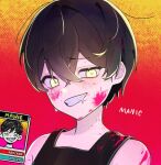  1boy black_hair black_tank_top blood blood_on_clothes blood_on_face citan_(reci_tan) collarbone colored_skin commentary double-parted_bangs drooling english_text grin hair_between_eyes highres looking_at_viewer male_focus mouth_drool omori omori_(omori) open_mouth reference_inset smile solo sweat tank_top teeth white_eyes white_skin 