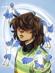  1boy 1other arcsi0 beak berdly_(deltarune) bird_boy bird_legs bird_tail blue_background blue_feathers blush brown_hair colored_upper_lip commentary deltarune english_commentary feathered_wings feathers freckles glasses green_sweater hair_over_eyes hand_wings highres kris_(deltarune) plug_(piercing) shirt_under_sweater signature striped_blush sweater tail talons utdr_(toby_fox) wings 