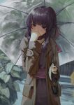  1girl absurdres bow brown_coat coat commentary covering_own_mouth cowboy_shot dress fallenshadow hair_bow highres indie_virtual_youtuber looking_at_viewer outdoors plant purple_bow purple_dress purple_hair rain rurikon solo transparent transparent_umbrella umbrella umbrella_over_shoulder virtual_youtuber 