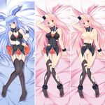  absurdres animal_ears arm_up bed bed_sheet black_legwear blue_hair blush breasts bunny_ears d: dakimakura detached_collar from_above full_body garter_straps highres knees_together_feet_apart kurousagi_(mondaiji) large_breasts legs looking_at_viewer lying md5_mismatch mondaiji-tachi_ga_isekai_kara_kuru_sou_desu_yo? multiple_persona multiple_views nipples no_bra no_panties on_back on_bed on_stomach open_mouth pink_hair pussy red_eyes sakura_kaoru skirt thigh_gap thighhighs torn_clothes torn_legwear torn_skirt 