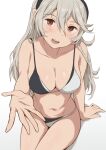  1girl :d alternate_costume armpit_crease bare_arms bare_shoulders bikini black_bikini black_hairband blush breasts cleavage collarbone commentary_request female_corrin_(fire_emblem) fire_emblem fire_emblem_fates grey_hair hair_between_eyes hairband kuhuku006f86 long_hair looking_at_viewer medium_breasts multicolored_bikini navel open_mouth outstretched_arm pointy_ears reaching reaching_towards_viewer red_eyes shadow simple_background slit_pupils smile solo stomach swimsuit teeth thighs tongue two-tone_bikini upper_teeth_only very_long_hair white_background white_bikini 