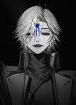  1boy barcode barcode_tattoo black_background black_coat black_sweater broken_glass coat commentary_request facial_tattoo gi_ra1 glass grey_hair high_collar highres looking_at_viewer male_focus open_clothes open_coat parted_lips punishing:_gray_raven roland_(npc)_(pgr) roland_(pgr) short_hair simple_background smile solo sweater tattoo teeth turtleneck turtleneck_sweater 