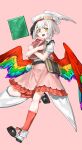  1girl belt bird_wings black_streaks book brown_belt chinese_commentary commentary_request feathered_wings flask frilled_skirt frills full_body grey_hair hat highres holding holding_book hollow_song_of_birds kori_morri leg_up looking_at_viewer multicolored_hair open_mouth orange_eyes pink_background pink_skirt pink_vest puffy_short_sleeves puffy_sleeves rainbow_wings red_socks round-bottom_flask shirt short_sleeves skirt smile socks solo streaked_hair test_tube torisumi_horou touhou vest white_hat white_shirt wings yellow_eyes 