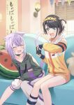  2girls absurdres ahoge animal_collar animal_ear_fluff animal_ears asymmetrical_pants black_collar black_dress black_hair black_hoodie black_socks blue_eyes blush bra bra_strap cat_ears cat_girl cat_tail collar commentary_request controller couch crossed_bangs double-parted_bangs dress facing_another feet_out_of_frame food-themed_pillow game_controller highres holding holding_controller holding_game_controller hololive hood hood_down hooded_jacket hoodie indoors jacket knees_together_feet_apart laughing long_sleeves looking_ahead loose_socks loungewear multicolored_jacket multiple_girls nekomata_okayu nekomata_okayu_(1st_costume) nintendo_switch_pro_controller no_pants official_alternate_costume official_alternate_hairstyle okachi_yuu on_couch oozora_subaru oozora_subaru_(loungewear) open_mouth orange_bra pants purple_hair short_hair sitting sleeves_past_wrists socks striped_clothes striped_socks sweatpants swept_bangs tail tomboy two_side_up underwear v-shaped_eyebrows virtual_youtuber white_jacket white_pants yellow_jacket 