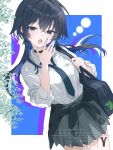  1girl :o alternate_costume bag black_choker black_eyes black_hair blue_hair blue_nails cardigan cardigan_around_waist charm_(object) choker clothes_around_waist collared_shirt colored_inner_hair commentary hair_between_eyes half-closed_eyes jellyfish_cut kamitsubaki_studio koko_(kamitsubaki_studio) light_blush long_hair long_sleeves looking_at_viewer multicolored_hair nail_polish necktie pleated_skirt school_bag school_emblem school_uniform shirt shirt_tucked_in skirt takasaka_light untranslatable_commentary white_shirt 