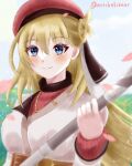  1girl agnes_claudel artist_name beret blonde_hair blue_eyes blush braid braided_base braided_bun breasts commentary_request eiyuu_densetsu hair_bun hat highres holding holding_staff jewelry kai_no_kiseki kuro_no_kiseki_(series) long_hair low-tied_long_hair mitchellsbear red_hat ribbed_sweater simple_background smile solo staff sweater 