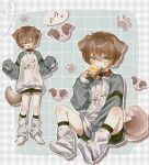  1boy animal_ears aqua_sleeves belt_collar black_shorts brown_eyes brown_hair collar commentary_request dog dog_boy dog_ears dog_tail double-parted_bangs eyes_visible_through_hair food heart highres holding holding_food long_sleeves loose_socks male_focus multiple_views musical_note no_shoes open_mouth original outline paw_print raglan_sleeves red_collar shirt short_hair shorts sitting sleeves_past_fingers sleeves_past_wrists smile socks speech_bubble spoken_musical_note standing tail uuu380 w_arms white_outline white_shirt white_socks 