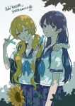  2girls ado_(utaite) anniversary aoi_(ado) bag black_bag blonde_hair blue_eyes blue_hair blue_neckerchief blue_sailor_collar blue_skirt blush commentary_request day flower highres himawari_(ado) hinata_(ado) holding holding_phone long_hair mele_ck multiple_girls neckerchief one_eye_closed open_mouth phone pleated_skirt sailor_collar school_bag school_uniform serafuku shirt shoulder_bag skirt sunflower twintails white_shirt yellow_eyes 