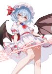  1girl absurdres ascot back_bow bat_wings blue_hair bow chinese_commentary collared_shirt commentary drgstars frilled_shirt_collar frilled_wrist_cuffs frills hat hat_ribbon highres holding holding_polearm holding_weapon laevatein_(touhou) looking_at_viewer making-of_available mob_cap pointy_ears polearm puffy_short_sleeves puffy_sleeves red_ascot red_bow red_eyes red_wrist_cuffs remilia_scarlet ribbon shirt short_sleeves simple_background skirt skirt_set sleeve_bow smile solo spear spear_the_gungnir touhou weapon white_background white_hat white_shirt white_skirt wings wrist_cuffs 