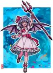  1girl ascot bat_wings black_shoes blue_background blue_hair collared_shirt commentary_request frilled_shirt_collar frilled_skirt frilled_wrist_cuffs frills full_body hat hat_ribbon highres holding holding_polearm holding_weapon mary_janes medium_hair mob_cap open_mouth polearm puffy_short_sleeves puffy_sleeves red_ascot red_eyes red_wrist_cuffs remilia_scarlet ribbon ribbon-trimmed_collar ribbon-trimmed_skirt ribbon_trim shirt shoes short_sleeves skirt skirt_set smile socks solo touhou trident wakisaka_dk weapon white_hat white_shirt white_skirt white_socks wings wrist_cuffs 
