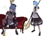  1girl absurdres apron arm_on_thigh arm_up black_bow black_dress black_gloves black_hat black_pantyhose black_shoes blue_eyes blue_hair bow braid buttons cameo_(jewelry) chest_belt cigarette collared_dress commentary couch crinoline double-breasted double-parted_bangs dress earrings exhaling_smoke fingerless_gloves flat_chest frilled_apron frills from_side full_body gloves grey_apron hair_between_eyes hair_bow hair_ornament hair_over_shoulder hairclip halberd hand_up hat head_tilt highres holding holding_cigarette holding_polearm holding_weapon hololive hoshimachi_suisei hoshimachi_suisei_(maid) jewelry long_hair looking_ahead looking_at_viewer maid maid_apron multiple_views nurse_cap official_alternate_costume official_alternate_hairstyle on_couch pantyhose parallel_hairclips parted_lips polearm puffy_short_sleeves puffy_sleeves round_eyewear see-through_cleavage see-through_clothes see-through_sleeves shade shino_12a shoes short_sleeves side_braid simple_background single_braid sitting smoking spread_legs star_(symbol) star_in_eye straight-on strappy_heels symbol_in_eye under-elbow_gloves untranslatable_commentary virtual_youtuber weapon white_background yellow-framed_eyewear 