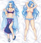  armpits arms_up bare_shoulders barefoot blue_eyes blue_hair breasts dakimakura jewelry large_breasts long_hair looking_at_viewer lying midriff multiple_views navel necklace nefertari_vivi nipples on_back one_piece open_mouth panties ponytail sandals shoes single_shoe toes tonee underwear 