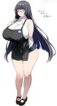  1girl apron black_apron black_shoes blue_eyes breasts commentary_request glasses highres huge_breasts long_hair name_tag original ribbed_sweater shoes short_shorts shorts sleeveless sleeveless_sweater solo sweater translation_request twitter_username urabanasimati very_long_hair white_sweater 