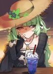  1girl absurdres animal_ears black_dress black_gloves black_sclera blue_eyes colored_sclera cow_ears cow_girl cow_horns cow_print_shirt crelly cup dress drinking_straw fingerless_gloves gloves green_hair grey_sclera hat heterochromia highres horns indie_virtual_youtuber jewelry looking_at_viewer mandradox mole mole_under_mouth necklace red_eyes solo sun_hat virtual_youtuber 