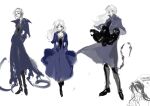 1boy 1girl alternate_hairstyle black_coat black_pants black_shoes black_skin breasts coat collared_shirt colored_skin commentary floating_clothes floating_hair full_body genderswap genderswap_(mtf) grey_eyes grey_hair hair_between_eyes hair_bun hands_in_pockets highres long_hair michael_roa_valdamjong nrvnqsr_chaos open_clothes open_coat pale_skin pants rong301718 scorpion_tail sharp_teeth shirt shoes sketch standing tail teeth torn_clothes torn_coat trench_coat tsukihime vampire veiny_face walking_towards_viewer wind wind_lift wing_collar 