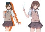  2girls absurdres asymmetrical_bangs brown_eyes brown_hair brown_sweater_vest coin collared_shirt commentary crossed_bangs electricity electrokinesis goggles goggles_on_head grey_skirt hair_ornament hairclip hand_up head-mounted_display highres holding holding_coin looking_at_viewer medium_hair miniskirt misaka_imouto misaka_mikoto multiple_girls night_vision_device one_eye_closed pleated_skirt school_emblem school_uniform shirt short_sleeves shorts shorts_under_skirt skirt summer_uniform sweater_vest ten_8810 toaru_kagaku_no_railgun toaru_majutsu_no_index tokiwadai_school_uniform v-neck white_background white_shirt 