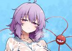  1girl ahoge alternate_costume bikini bikini_under_clothes black_bikini blue_background breasts closed_mouth collarbone commentary_request disembodied_linked_eye eyeball highres komeiji_satori large_breasts looking_at_viewer medium_hair paid_reward_available purple_eyes purple_hair scavia10 shirt solo swimsuit touhou upper_body wet wet_clothes wet_hair wet_shirt 