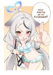  1girl absurdres animal_ears arm_up bag bikini black_streaks blue_archive blue_halo border breasts checkered_bikini checkered_clothes commentary contrapposto cowboy_shot english_commentary english_text forehead green_bikini hair_intakes hair_tie halo highres jiyuu_sensei kokona_(blue_archive) kokona_(swimsuit)_(blue_archive) long_hair multicolored_bikini multicolored_hair navel official_alternate_costume official_alternate_hairstyle open_mouth orange_eyes outside_border pointing pointing_at_viewer simple_background small_breasts solo sparkle speech_bubble streaked_hair swimsuit talking tote_bag twintails two-tone_bikini v-shaped_eyebrows very_long_hair white_bikini white_border white_hair yellow_background 