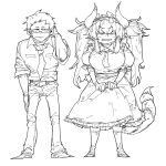  1boy 1girl :| arm_up breasts clenched_teeth closed_mouth collared_dress collared_shirt commentary_request dola_(nijisanji) dragon_girl dragon_horns dragon_tail dress elbow_gloves embarrassed frilled_dress frills glasses gloves greyscale hair_between_eyes holding_own_dress horns large_breasts long_hair looking_at_viewer medium_dress monochrome necktie nijisanji oshaka_(haguki) pants puffy_short_sleeves puffy_sleeves shirt shoes short_hair short_sleeves side-by-side simple_background sketch sleeves_rolled_up square-end_necktie standing tail tail_under_clothes teeth twintails v-shaped_eyebrows very_long_hair very_short_hair virtual_youtuber yashiro_kizuku yashiro_kizuku_(1st_costume) 