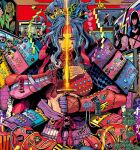  arcade_stick armor blue_hair comb commentary_request controller eyeshadow facial_mark game_controller gauntlets hair_ornament hair_stick headband headphones highres holding holding_sword holding_weapon improvised_armor japanese_armor jbstyle joystick makeup midriff one_eye_closed original ponytail red_headband shoulder_armor sode sticker sword sword_in_front_of_face tassel tree weapon 
