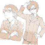  1boy closed_mouth commentary_request crossed_arms dress_shirt gekkoukan_high_school_uniform hand_on_own_head hand_on_own_hip hiraga_keisuke holding holding_pen isa_(peien516) jacket looking_up male_focus monochrome multiple_views neck_ribbon pen persona persona_3 rectangular_eyewear ribbon school_uniform semi-rimless_eyewear sepia shirt short_hair simple_background under-rim_eyewear white_background 