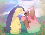 2026 ambiguous_gender anthro blue_body blush brown_body eye_contact generation_2_pokemon generation_4_pokemon grass huge_ears kummithestar looking_at_another lopunnite lopunny mega_stone nintendo outside pink_body plant pokemon pokemon_(species) shiny_pokemon sky typhlosion yellow_body