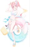  1girl adjusting_eyewear animal_ears bare_arms bare_shoulders basket bikini blue_bow blue_ribbon blush bow breasts brown_sandals cat_ears cat_girl cat_hair_ornament cat_tail collarbone commentary eyewear_on_head feet_up frilled_bikini frilled_innertube frills full_body gradient-tinted_eyewear gradient_hair hair_ornament hairclip handheld_game_console heart heart-shaped_eyewear high_ponytail highres holding holding_basket indie_virtual_youtuber innertube large_breasts long_hair looking_at_viewer multicolored_hair navel nintendo_switch open_mouth pink-tinted_eyewear pink_eyes pink_hair pink_tail ponytail ribbon ryuya sandals simple_background smile solo stomach sunglasses swim_ring swimsuit tail tail_ornament tail_ribbon thighs tinted_eyewear toes two-tone_hair virtual_youtuber white_background white_bikini yellow-framed_eyewear yuuki_sakuna 