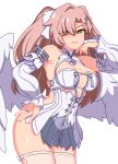  1girl absurdres bare_shoulders breasts bridal_gauntlets commentary cosplay cowboy_shot detached_sleeves dress english_commentary green_eyes hair_ornament hair_over_one_eye hairclip hand_on_own_cheek hand_on_own_face hand_on_own_hip highres large_breasts long_hair looking_at_viewer mole mole_on_breast mole_under_eye nail_polish nicole_demara open_mouth pink_hair remielle_dan remielle_dan_(cosplay) shikniful simple_background solo textless_version thighhighs white_background white_bridal_gauntlets white_dress white_thighhighs white_wings wings zenless_zone_zero 