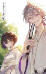  1boy 1girl black_hair closed_eyes closed_mouth colored_inner_hair commentary_request copyright_notice crossed_bangs earrings folding_fan grey_hair hair_between_eyes hand_fan highres holding holding_fan japanese_clothes jewelry kimono masa_ashe multicolored_hair purple_eyes purple_hair reverseblue_x_re-birthend second-party_source shia_(reverseblue) shiki_(reverseblue) translation_request white_kimono 
