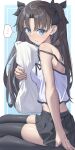  1girl absurdres black_hair black_thighhighs blue_eyes blush breasts camisole closed_mouth commentary_request fate/stay_night fate/unlimited_blade_works fate_(series) hair_ribbon highres long_hair long_legs looking_at_viewer ribbon shirt skirt solo thighhighs tohsaka_rin toukan twintails two_side_up white_camisole zettai_ryouiki 