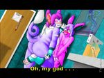  blush breasts butt covering doctor eeveelution embarrassed female fingerless_gloves fur gloves hair legwear letterbox male nidoran nintendo nude nurse overweight pink_fur pink_hair pok&#233;mon poster purple_fur purple_hair purugly scared seduction smile subtitled toeless_socks trapped tydrian unprofessional_behavior vaporeon video_games 