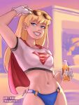  1girl adjusting_eyewear arm_up artist_name bikini blonde_hair blue_eyes bottle breasts cape commentary commission cover_bikini_girl_(gta_vi) crop_top dc_animated_universe dc_comics english_commentary eyewear_on_head gloves grand_theft_auto grand_theft_auto_vi grin hairband hand_on_eyewear highleg highleg_bikini highres holding holding_bottle long_hair looking_at_viewer medium_breasts midriff moitoon navel o-ring_bikini_bottom pose_imitation red_cape shirt short_hair short_sleeves signature smile solo sunglasses supergirl supergirl_(dcau) superhero_costume superman:_the_animated_series superman_(series) swimsuit teeth white_gloves white_shirt 