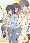  2girls black_hair blue_eyes blue_shirt blush braid broccoli brown_hair chinese_commentary closed_eyes coffee_mug commentary_request cuddling cup drinking earrings flower_earrings fried_egg grey_pants grid_background haidao_mao half_up_braid highres holding holding_cup hug hug_from_behind jewelry long_hair miyagi_shiori mug multiple_girls pajamas pants parted_lips plate purple_eyes sendai_hazuki shirt shuuniichido_classmate_wo_kau_hanashi sleeping squeans stud_earrings tomato toothbrush yellow_pants yellow_shirt yuri 