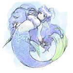  1girl antenna_hair bangle bare_shoulders blue_hair blue_scales blue_tail blush bracelet breasts commentary_request english_text fins fluffy_hair full_body green_eyes head_fins highres jewelry long_hair long_sidelocks looking_at_viewer medium_breasts merfolk mermaid monster_girl navel necklace outstretched_arms prprtooon puyopuyo puyopuyo~n serilly_(puyopuyo) sidelocks simple_background sketch smile solo spread_arms strapless tube_top underwater very_long_sidelocks watermark white_background 