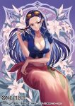  1girl black_hair blue_jacket breasts cleavage closed_mouth collarbone commentary_request copyright_logo copyright_name copyright_notice eyewear_on_head feet_out_of_frame floral_background flower forehead jacket large_breasts logo long_hair looking_at_viewer nico_robin official_art one_piece one_piece_card_game petals pink_flower pink_petals pink_sarong rokushiro_koushi sarong short_sleeves solo sunglasses 