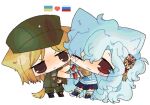  2girls :< :3 alpha_(alpha_1918) animal_ears black_skirt blonde_hair blush boots brown_hair brown_sports_bra cat_ears chibi coat double-headed_eagle epaulettes fluffy_hair gloves goodbyeworld404 green_jacket green_pants hair_ornament holding_hands jacket jacket_on_shoulders long_hair marichka mazepynka miniskirt multiple_girls non-web_source one_eye_closed original pants red_eyes russian_flag russo-ukrainian_war shoes skirt smile soldier sports_bra tail tryzub ukrainian_flag ukrainian_ground_forces very_long_hair white_background white_coat white_gloves white_hair yuri 