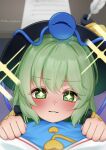  +_+ 2girls black_hat blue_shirt blurry blush bow buttons closed_mouth collared_shirt commentary_request depth_of_field disembodied_linked_eye eyeball female_pov green_eyes green_hair hat hat_bow heart_button highres komeiji_koishi komeiji_satori looking_at_viewer multiple_girls pov quill shirt siblings sisters smile soo_kazahana sparkle touhou twitter_username yellow_bow yellow_shirt 