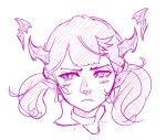  1girl alternate_hairstyle blush closed_mouth commentary cropped_head eyelashes fang fraiki_(vtuber) horns indie_virtual_youtuber medium_hair mole mole_under_each_eye mole_under_eye monochrome multiple_moles pointy_ears purple_theme simple_background sketch skin_fang solo twintails untranslatable_commentary virtual_youtuber white_background xc_ouma 