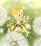  barefoot blonde_hair blush_stickers brown_eyes bug butterfly dandelion dandelion_seed dress flower from_above from_behind grass holding insect kuga_tsukasa looking_back minigirl on_grass original puffy_short_sleeves puffy_sleeves red_ribbon ribbon short_hair short_sleeves sitting smile solo 