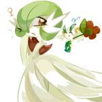  1boy 1girl absurdres amaikotori9 blush bob_cut closed_eyes dress elbow_gloves floette floette_(red_flower) flower gardevoir gloves green_hair hair_over_one_eye highres mega_gardevoir mega_pokemon open_mouth pokemon pokemon_(creature) red_flower simple_background smile white_background white_dress white_gloves 